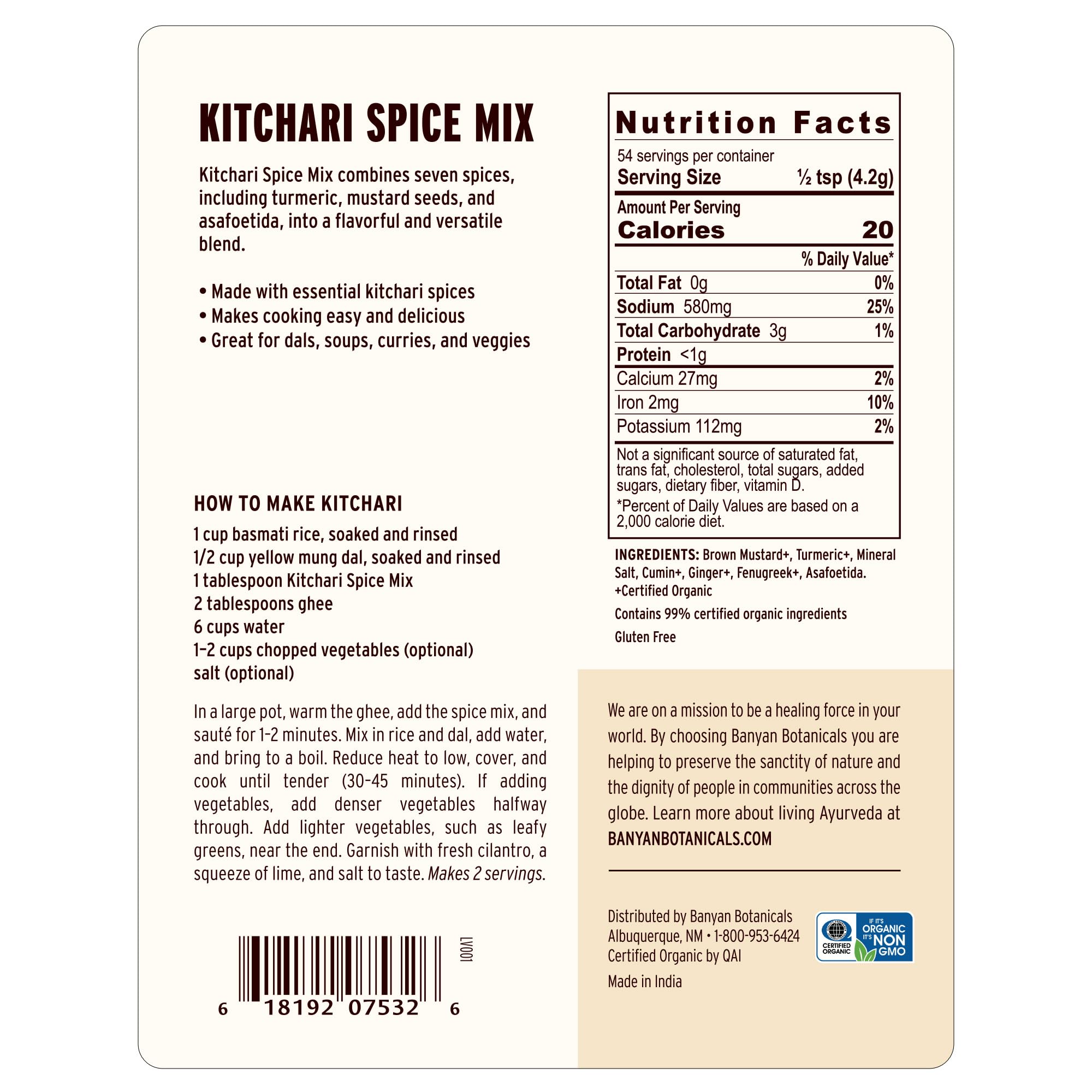 Banyan Botanicals Kitchari Spice Mix bottle pour showcasing convenient seasoning.