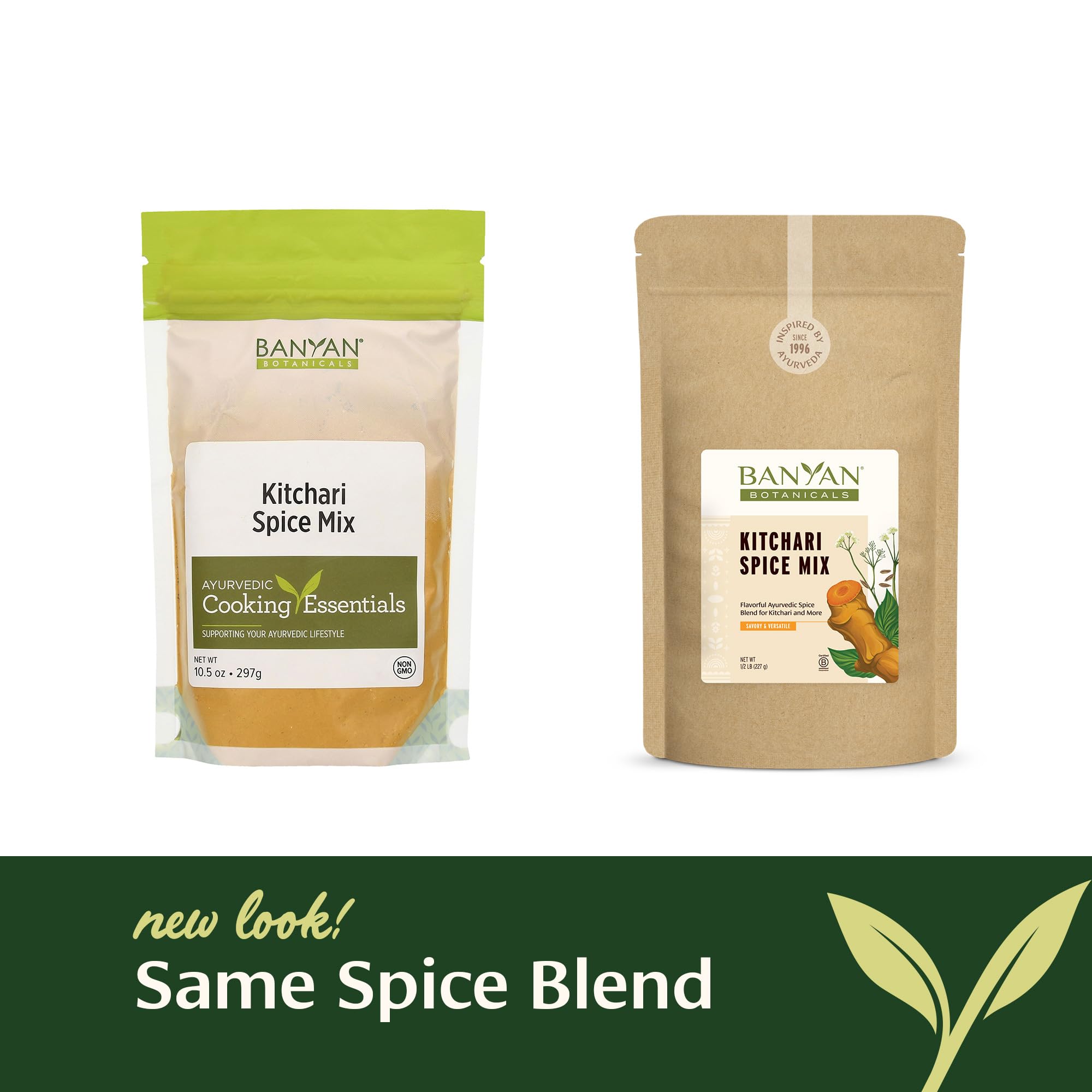 Banyan Botanicals Kitchari Spice Mix packaging emphasizes organic, non-GMO ingredients.