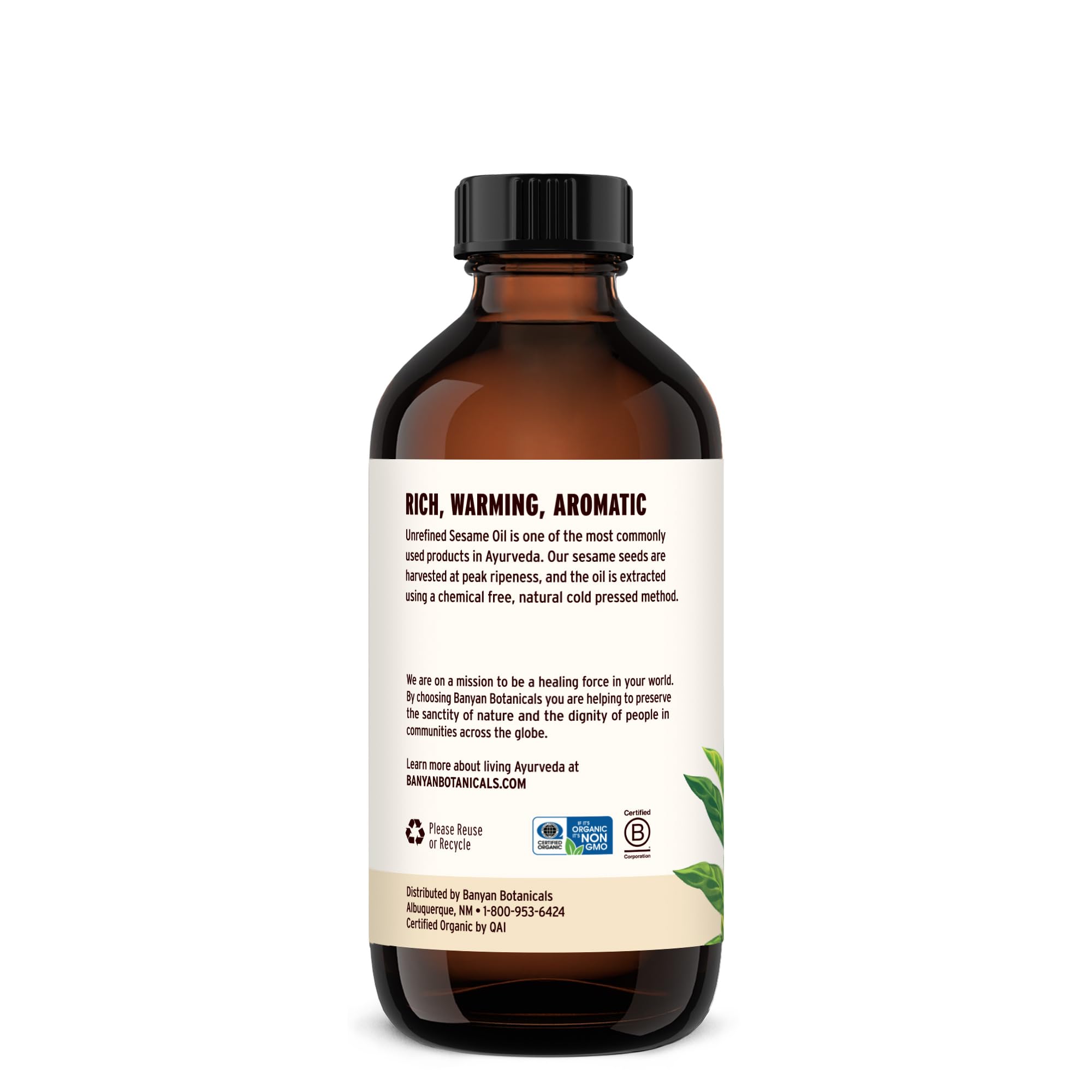 Banyan Botanicals sesame oil amber bottle, highlights eco-friendly packaging for shoppers.