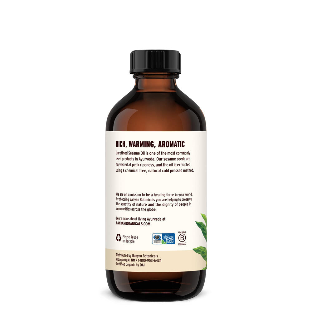 Banyan Botanicals sesame oil amber bottle, highlights eco-friendly packaging for shoppers.