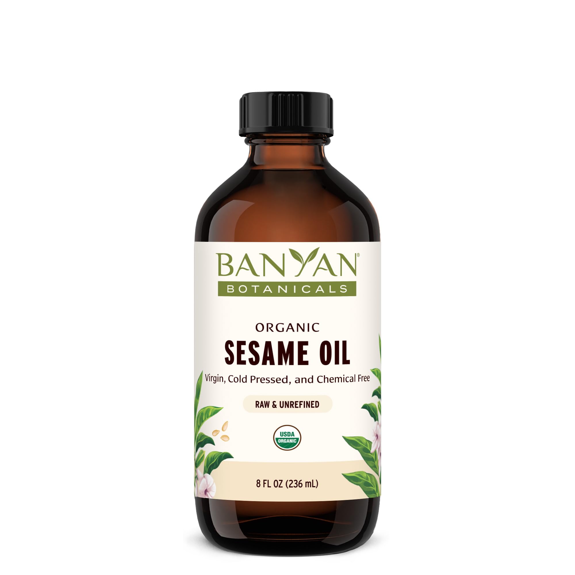 Banyan Botanicals Sesame Oil bottle close-up, pure unrefined oil for daily skin care.