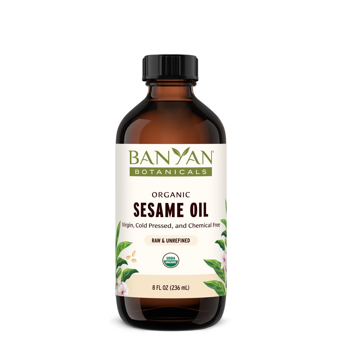 Banyan Botanicals Sesame Oil bottle close-up, pure unrefined oil for daily skin care.
