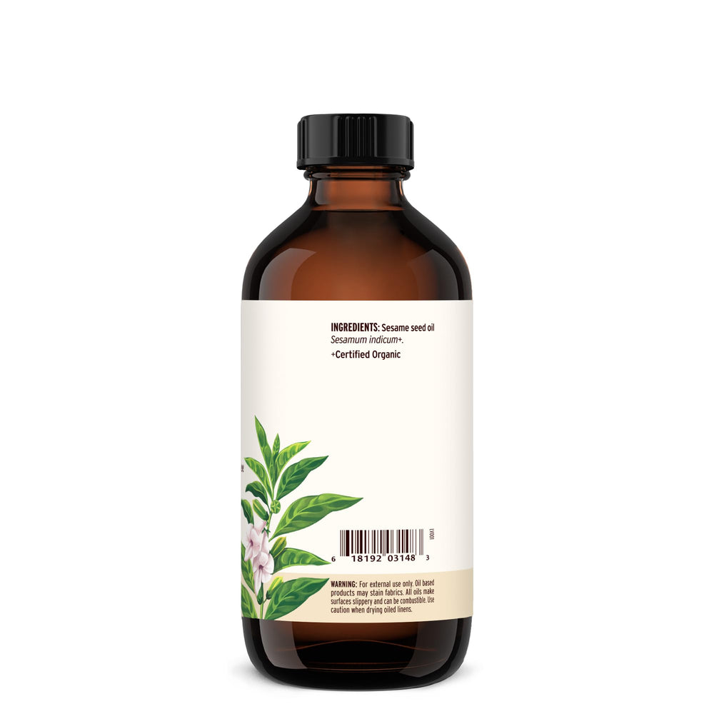 Banyan Botanicals sesame oil hero image, showcases 8 oz size option.