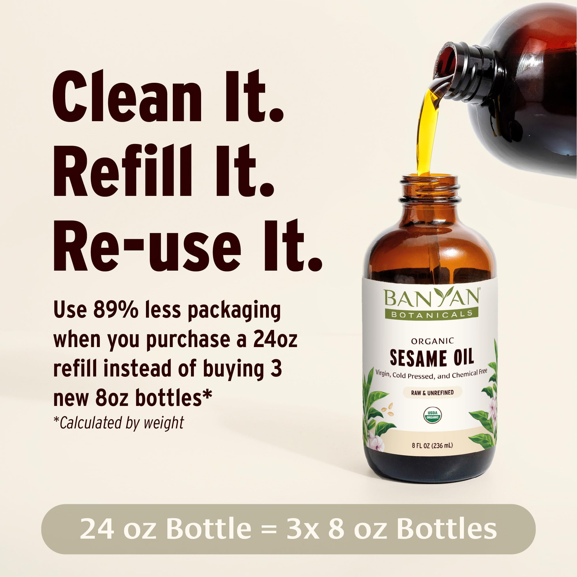 Banyan Botanicals sesame oil glass bottle on table, great for skin and hair care.