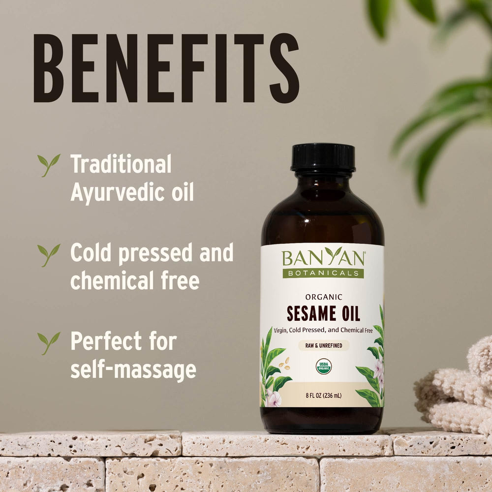 Banyan Botanicals sesame oil pour shot, lightweight texture suited for body massage.
