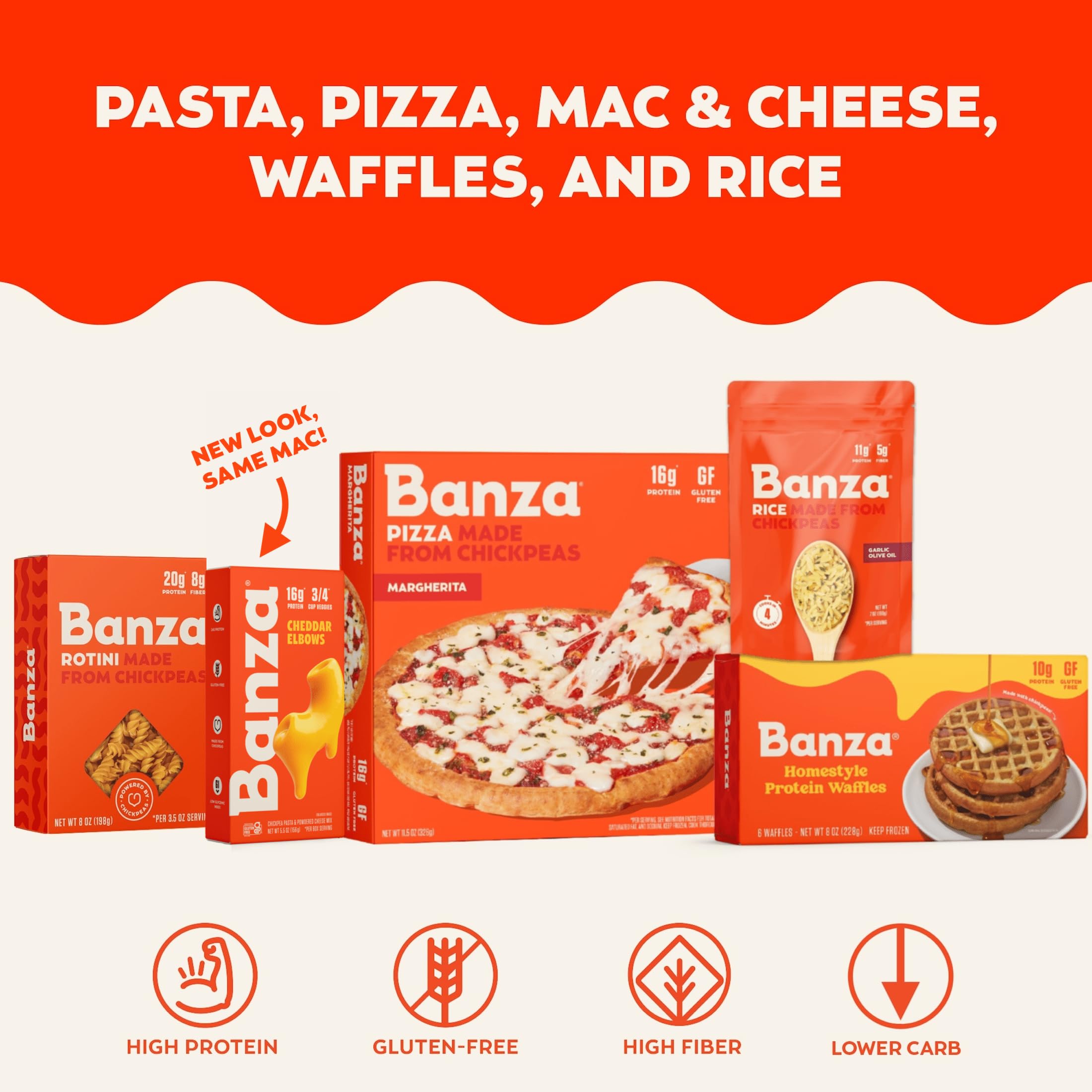 Brand extension collage shows pasta, pizza, waffles, and rice options.