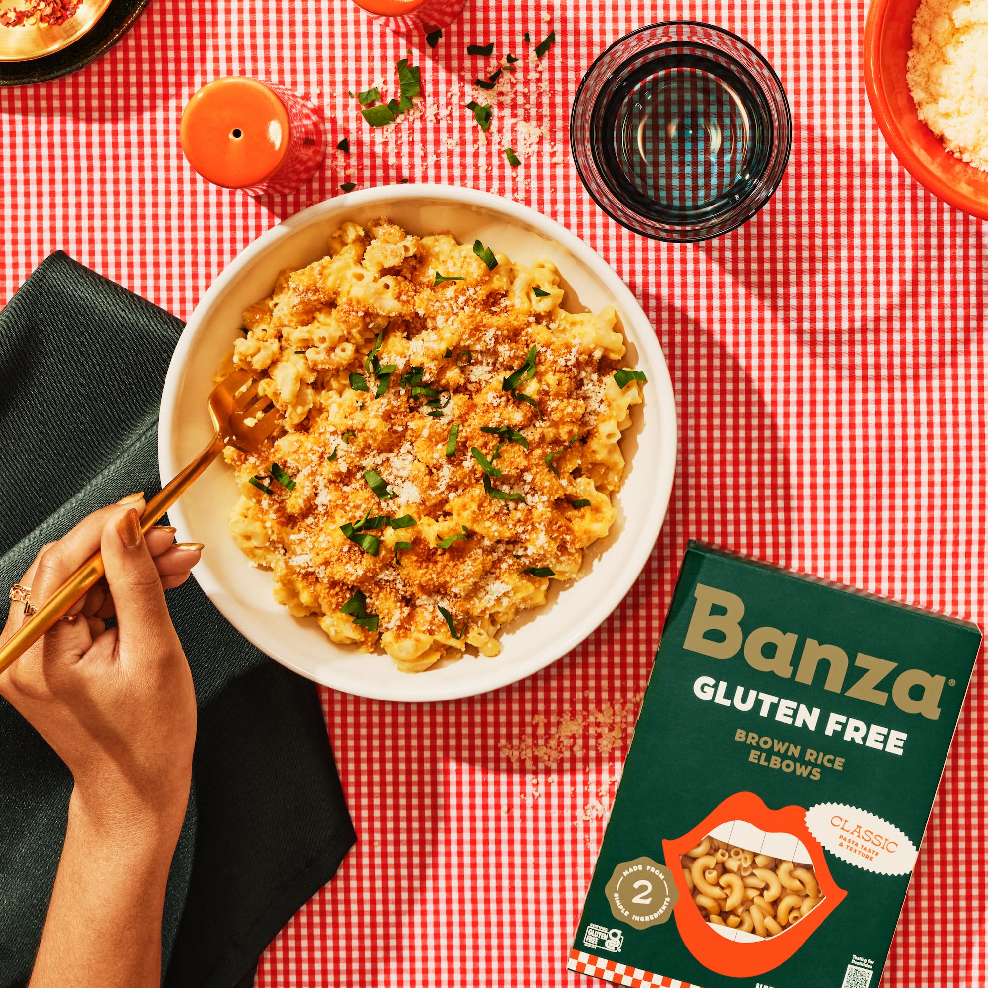 Final saucy gloss on Banza Brown Rice Elbows plate