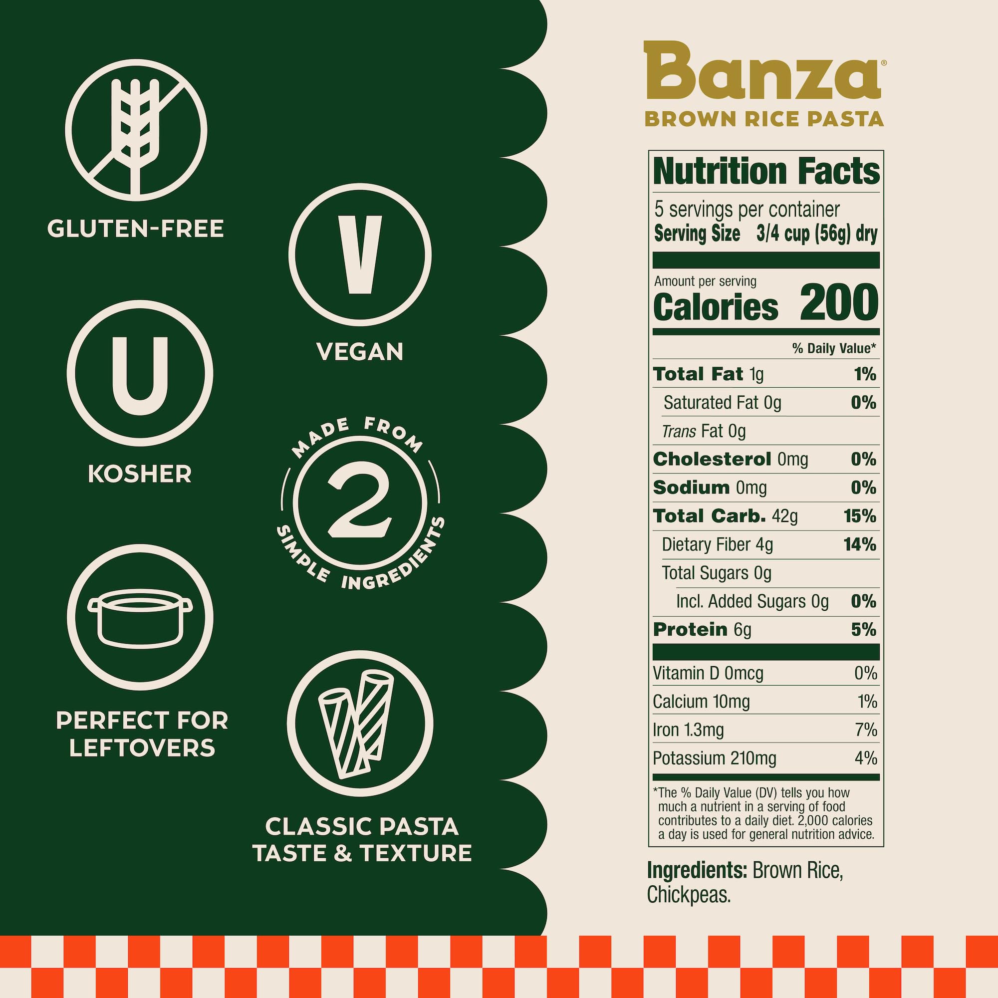 Banza Brown Rice Rotini ingredients close-up emphasizes quality grains for versatile recipes.