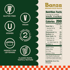 Banza Brown Rice Rotini ingredients close-up emphasizes quality grains for versatile recipes.