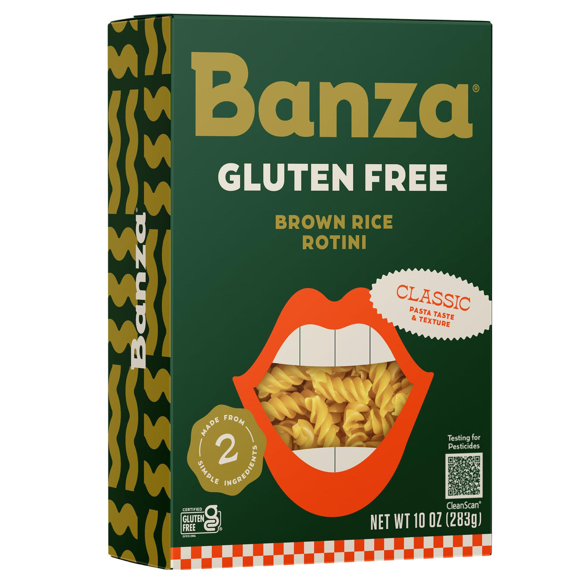 Banza Brown Rice Rotini packaging front highlights premium ingredients for easy weeknight meals.