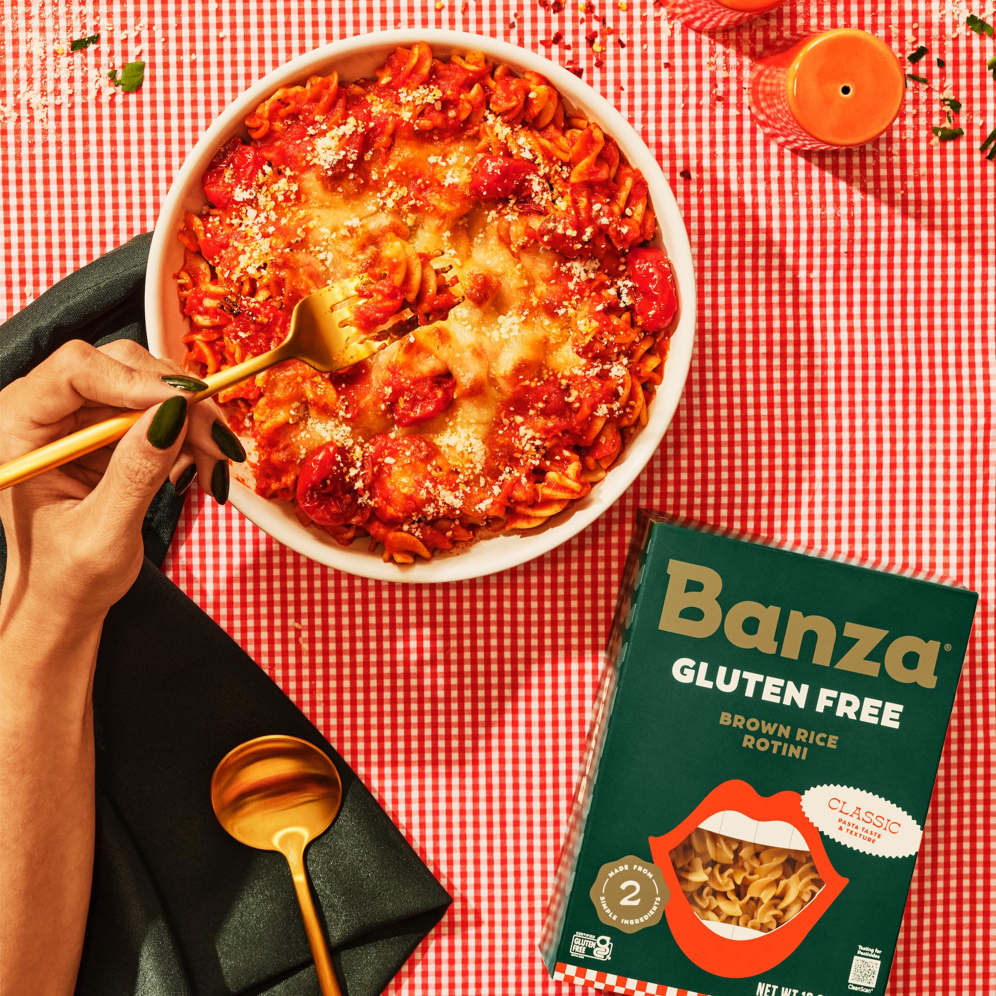 Banza Brown Rice Rotini pantry setup suggests organized cooking options.