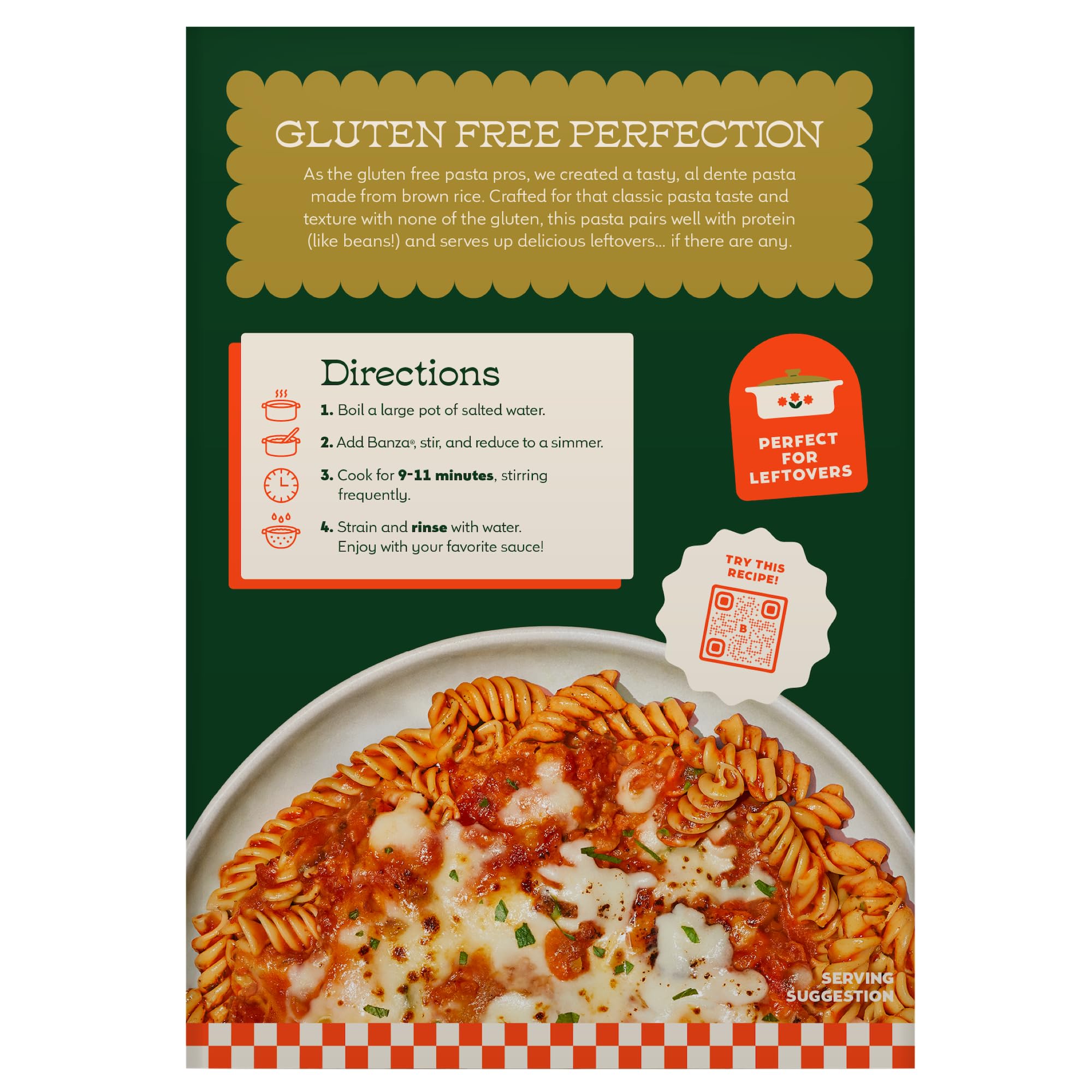Banza Brown Rice Rotini serving bowl with veggies demonstrates healthy tasty meals.