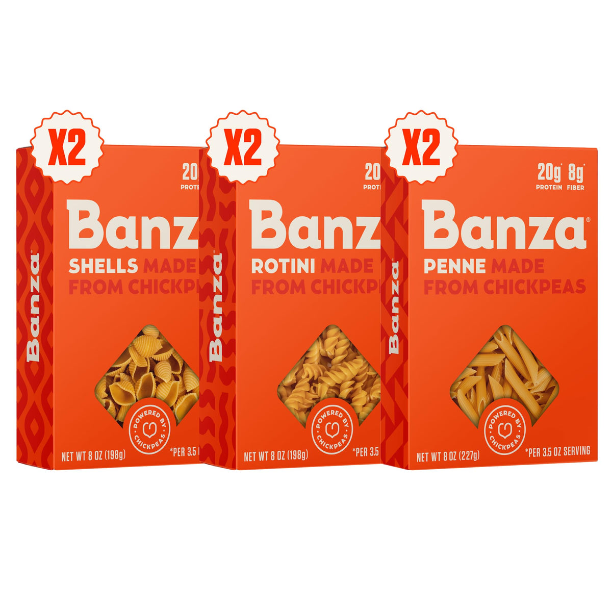 Banza chickpea pasta box open, highlighting protein-rich gluten-free pasta for weeknight meals.