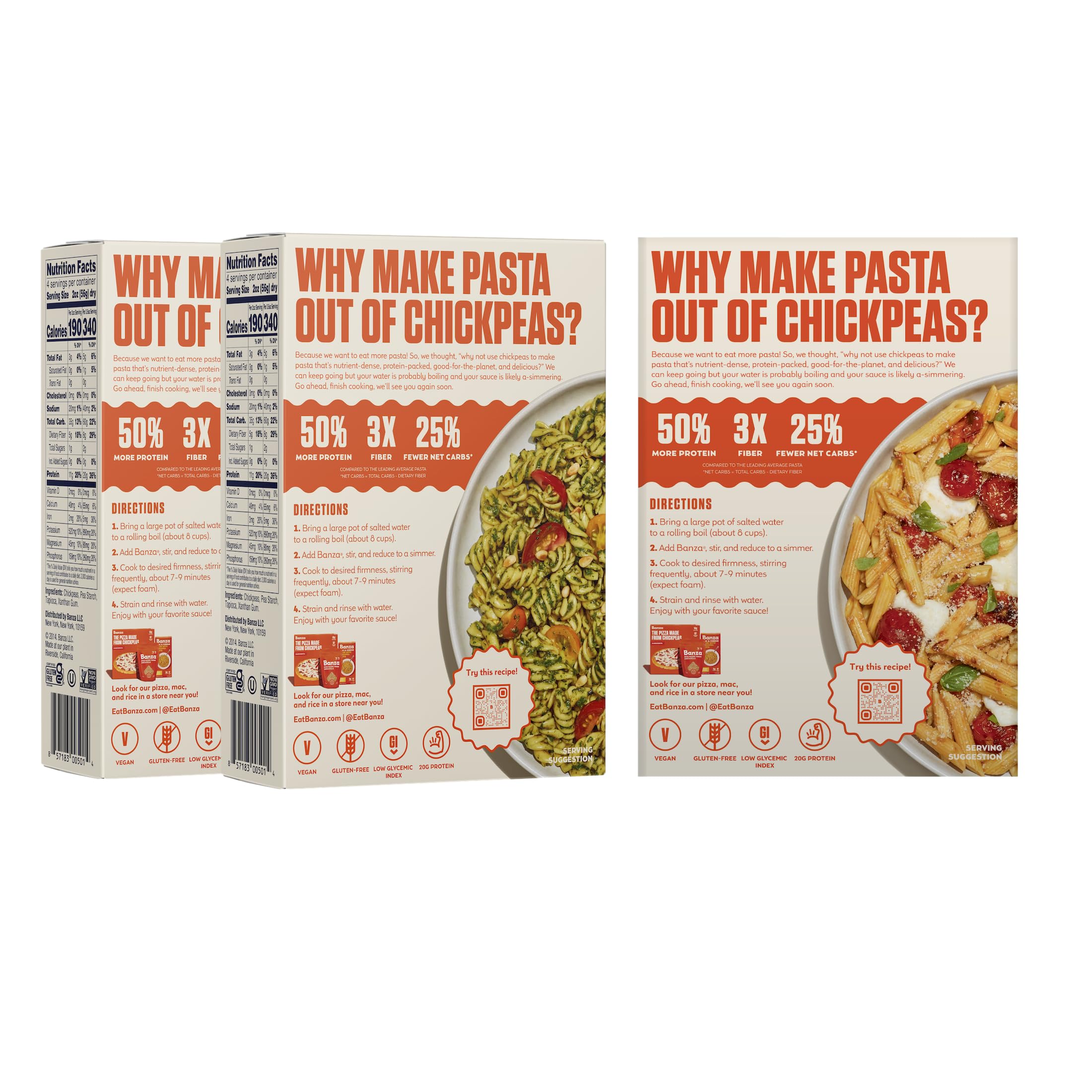 Banza nutrition label close-up communicates fiber and protein content for balanced meals.