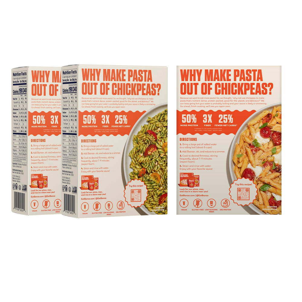 Banza nutrition label close-up communicates fiber and protein content for balanced meals.