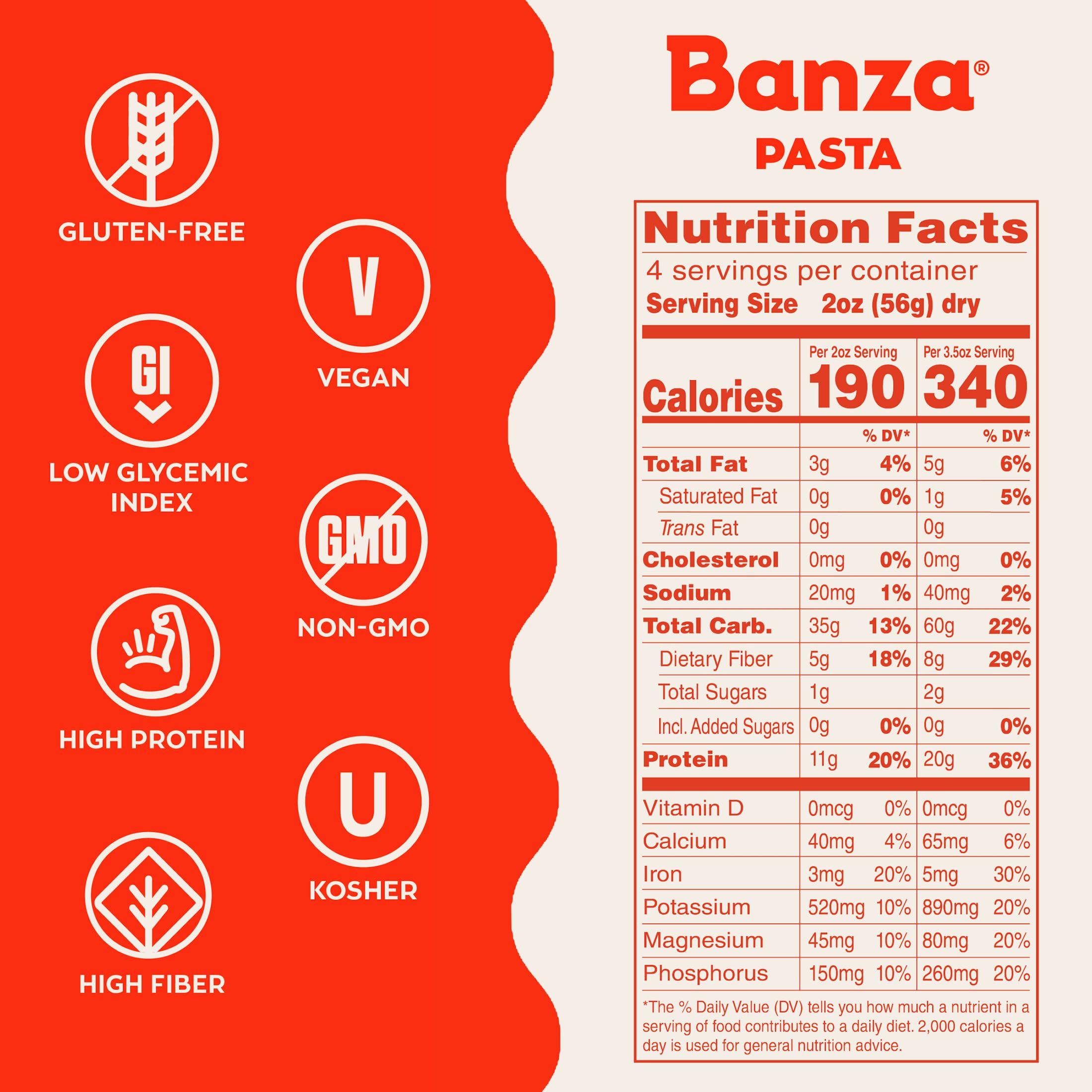 Banza chickpea pasta variety pack front showcases convenient six-pack for family dinners.