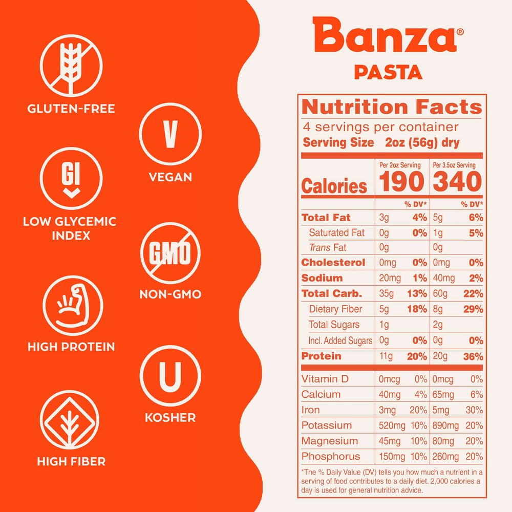 Banza chickpea pasta variety pack front showcases convenient six-pack for family dinners.