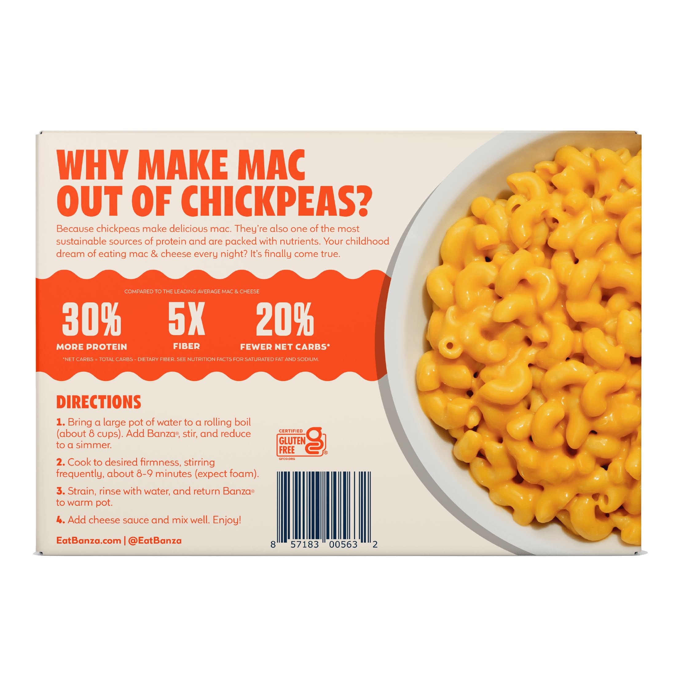 Banza Deluxe elbows mac and cheese on a plate highlighting a lower carb option for health-conscious shoppers.