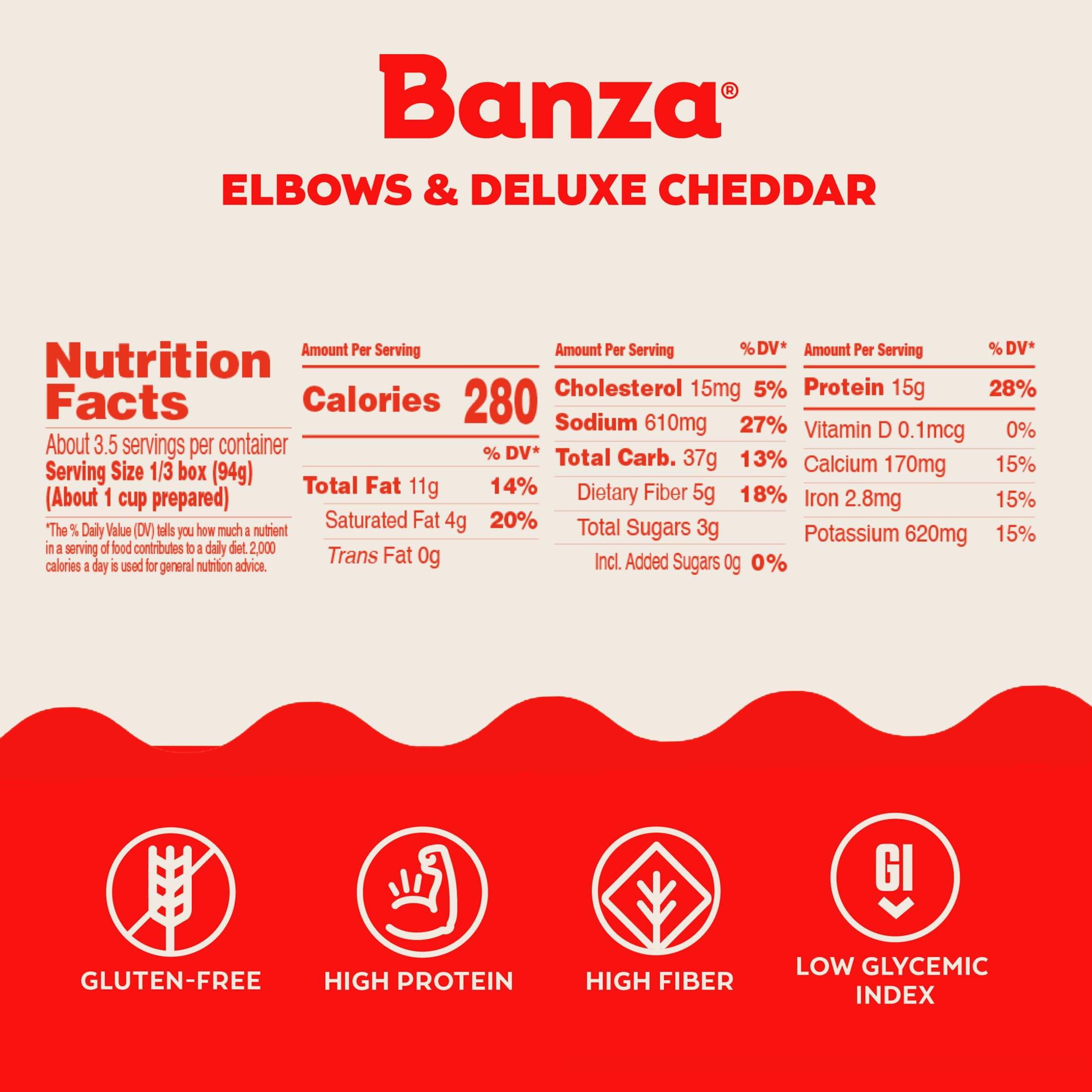 Banza Deluxe elbows mac and cheese packaging highlights non-GMO ingredients and gluten-free promise.