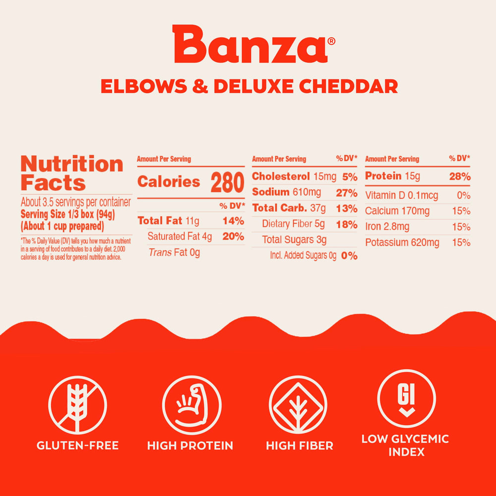Banza Deluxe elbows mac and cheese packaging highlights non-GMO ingredients and gluten-free promise.