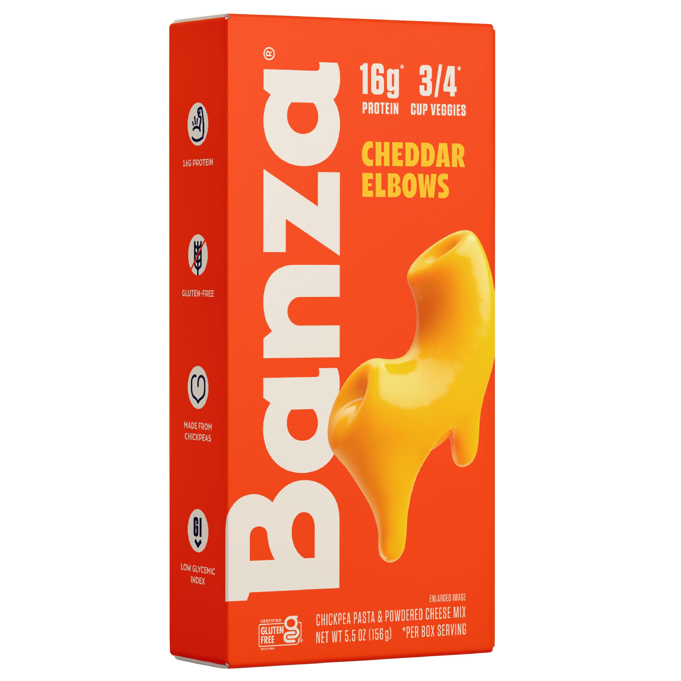 Banza Elbows and Classic Cheddar Mac and Cheese box showing gluten free meal option