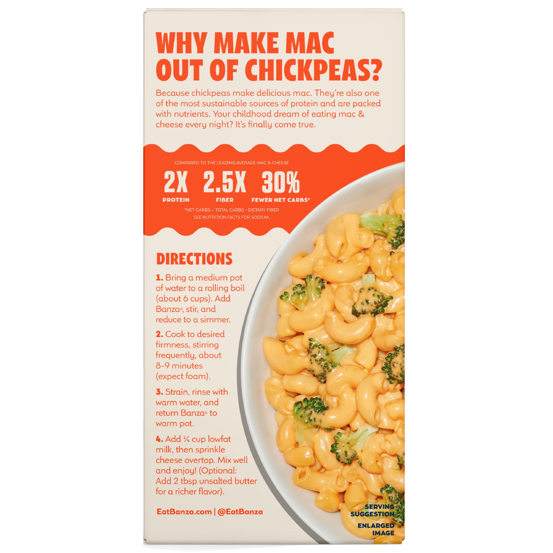Shelf stable Banza Elbows and Classic Cheddar Mac and Cheese box on pantry shelf