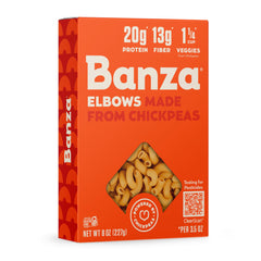Banza Elbows pasta bowl ready to serve, highlighting protein and gluten-free recipe