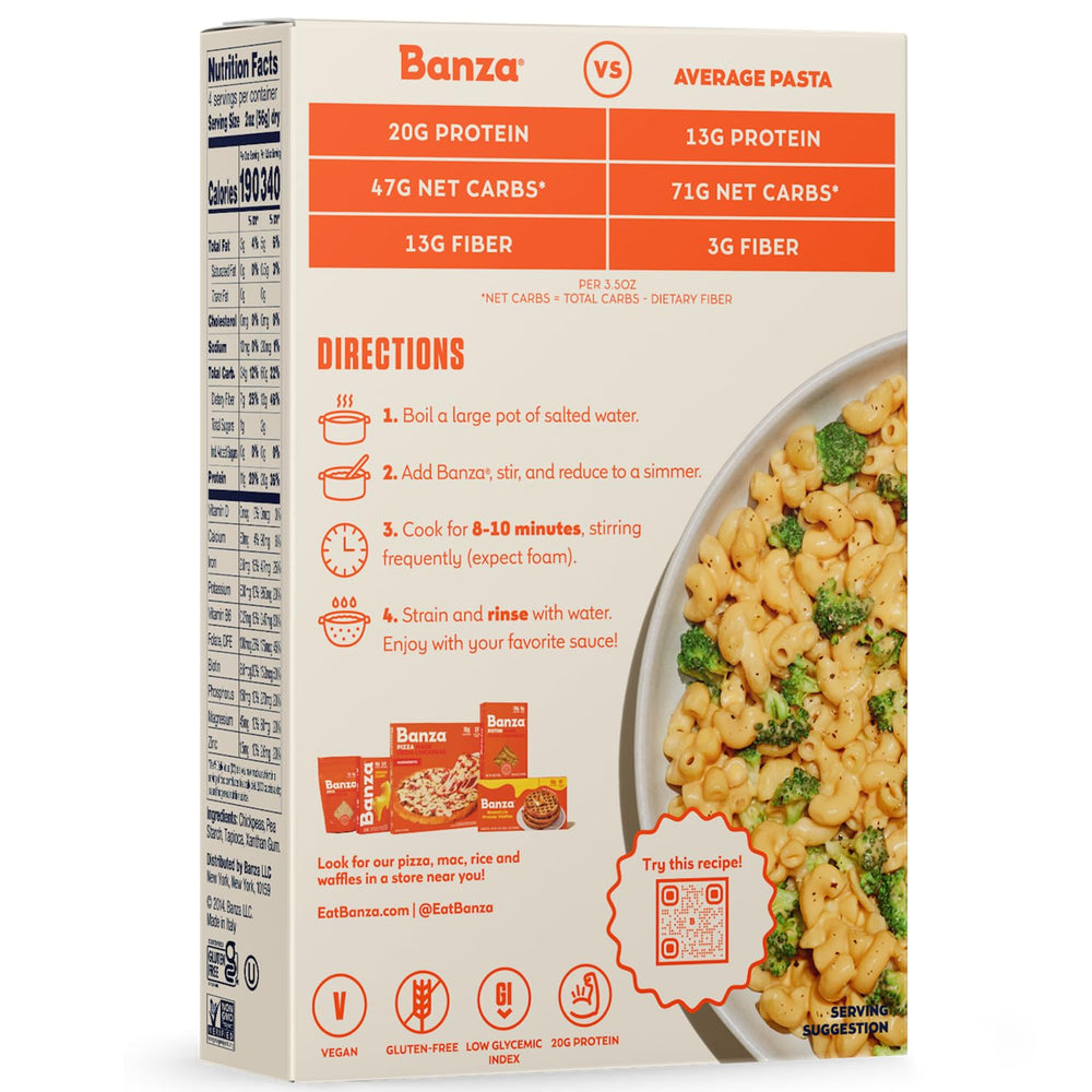 Banza Elbows pasta plated and served, displaying texture and flavor potential