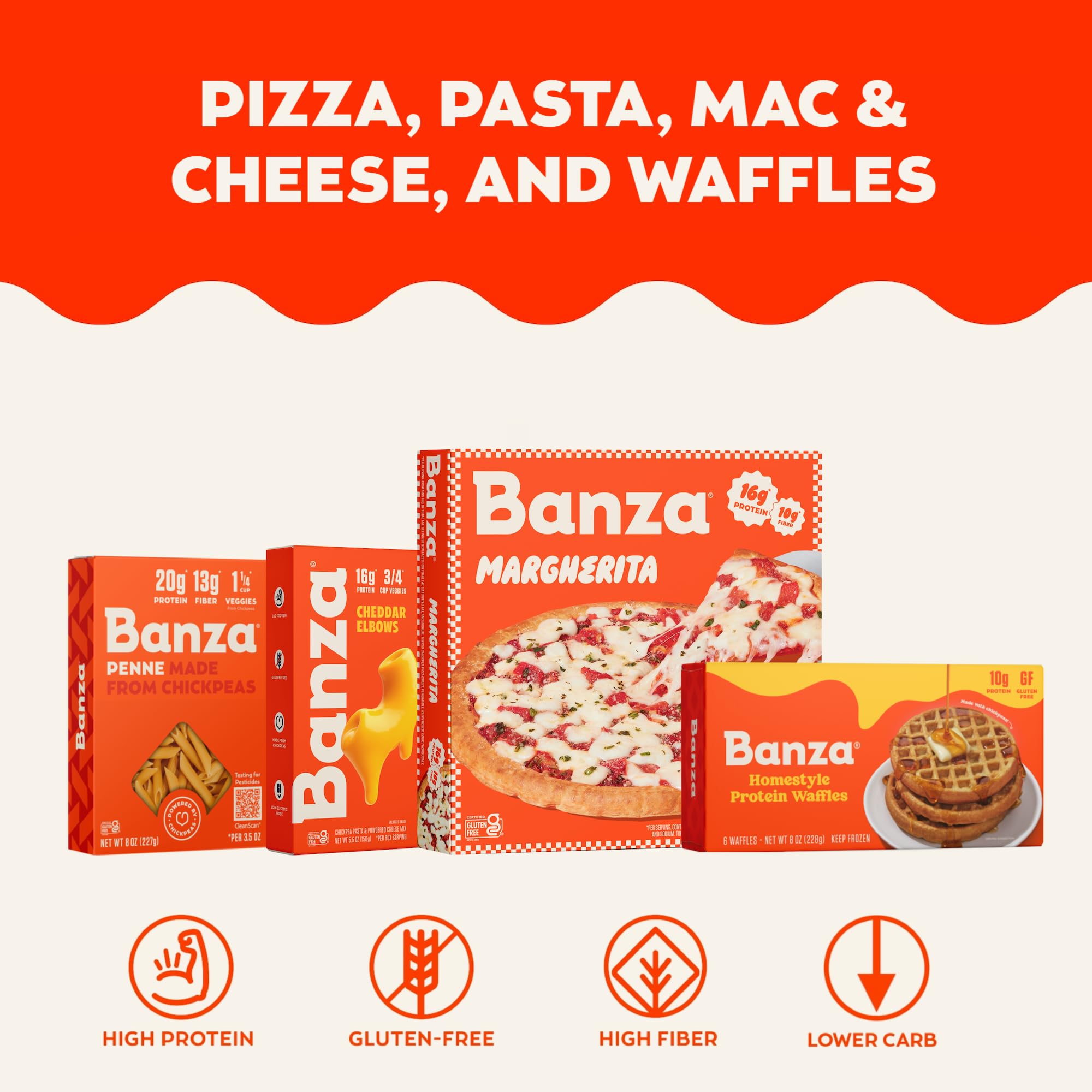 Banza sauce pairing image suggests creamy vodka, pesto, or marinara
