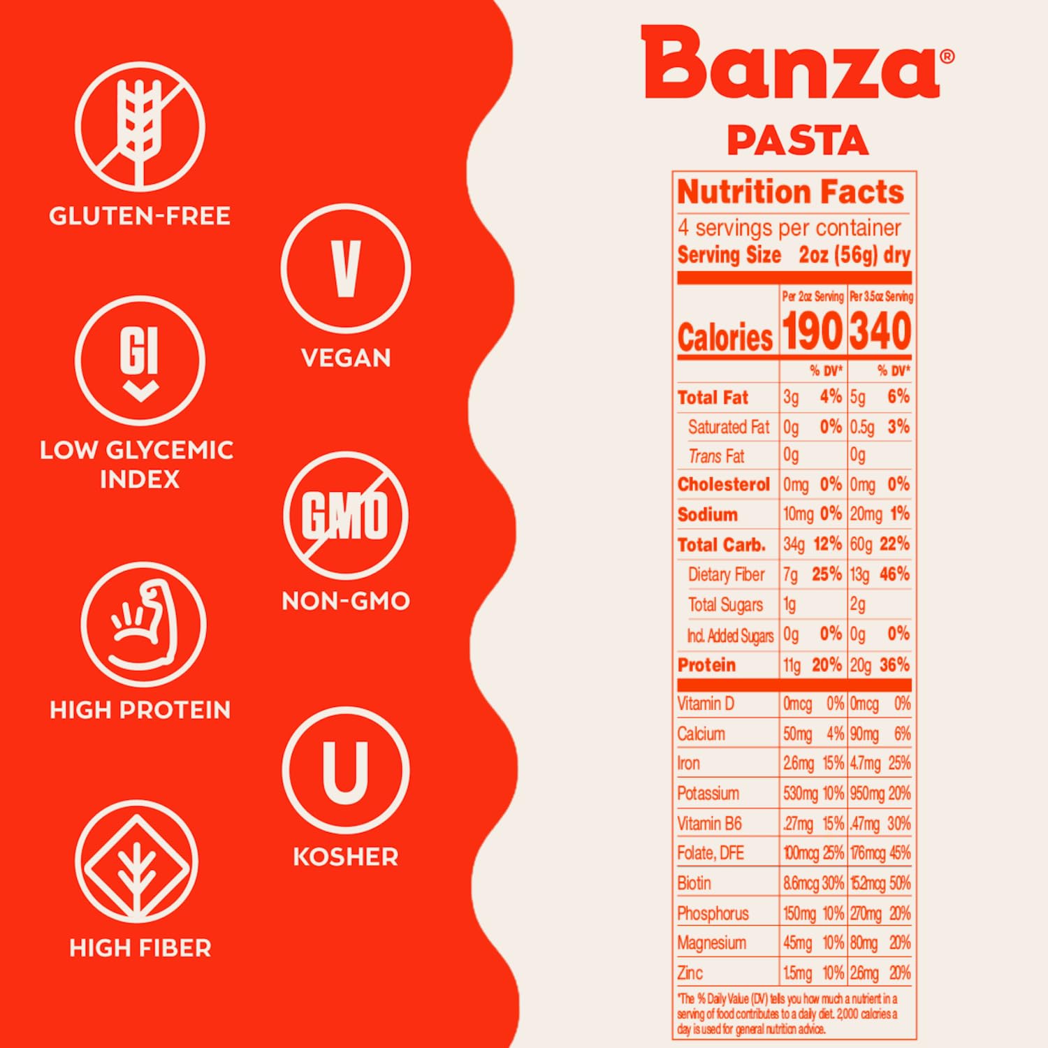 BANZA Angel Hair Chickpea box front highlighting premium ingredients and sauce-ready appeal