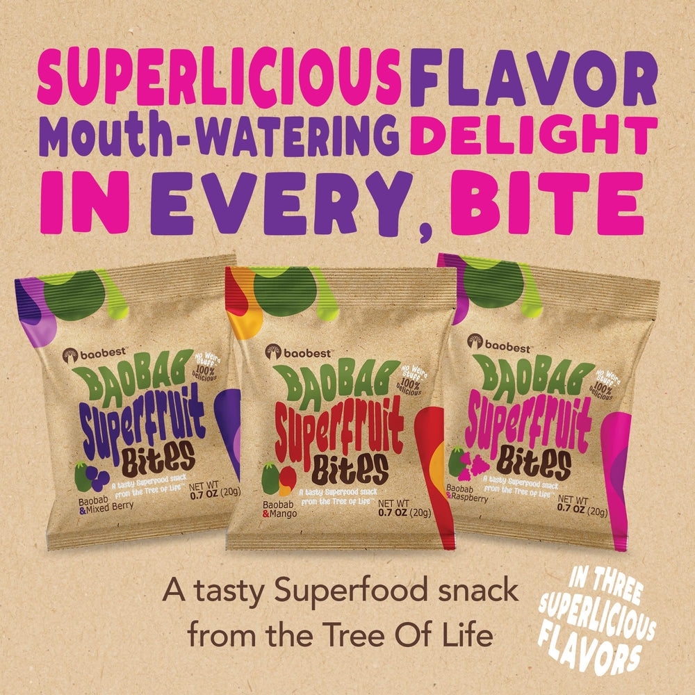 Baobest Superfruit Bites berry bite close-up, tangy citrus flavor appeal.