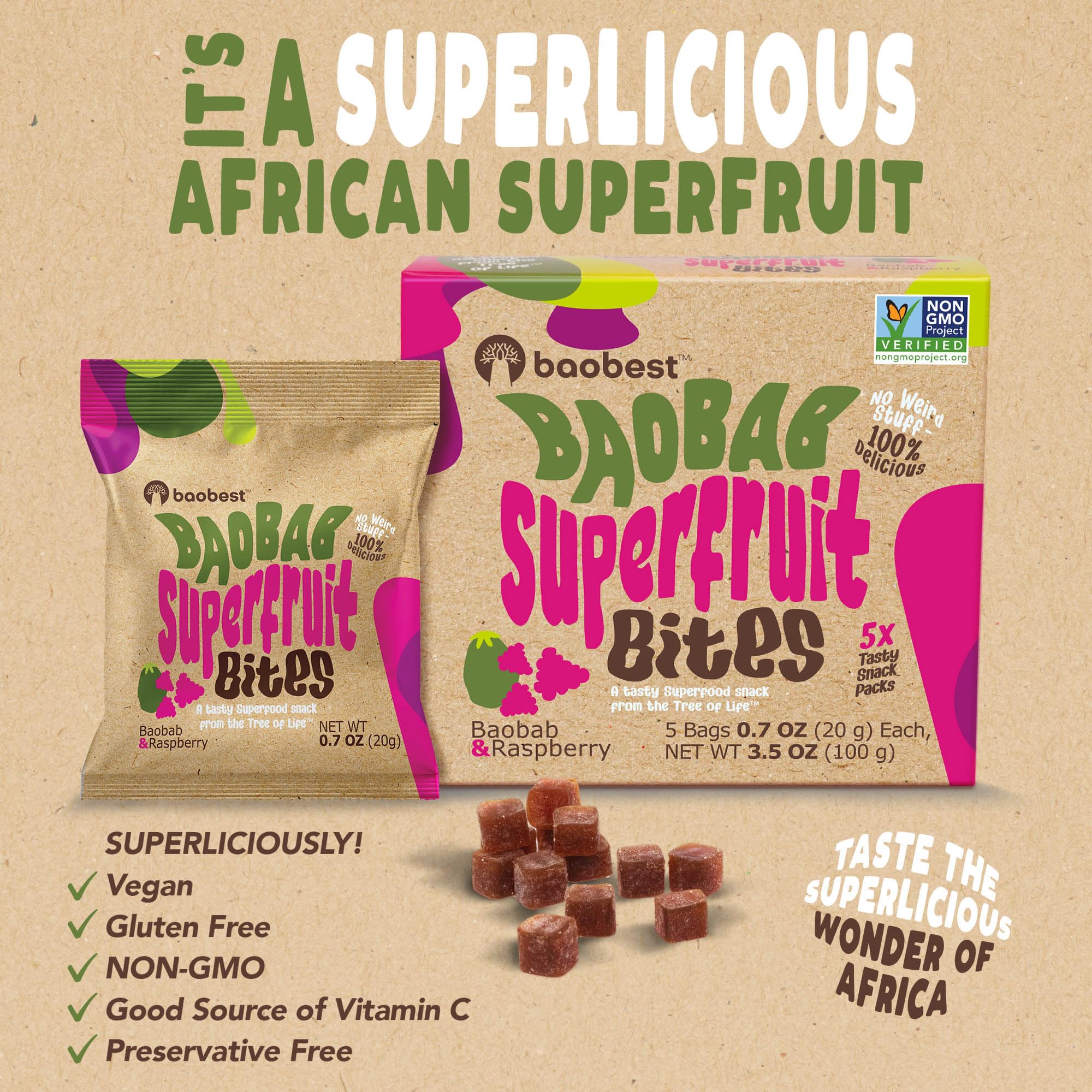 Baobest Superfruit Bites mango bite close-up, tropical sweetness in handheld form.