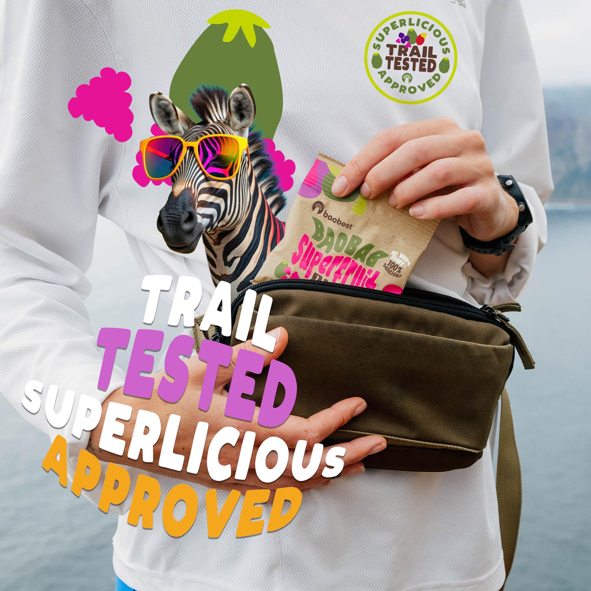 Baobest Superfruit Bites natural ingredients label, vegan and gluten-free options.
