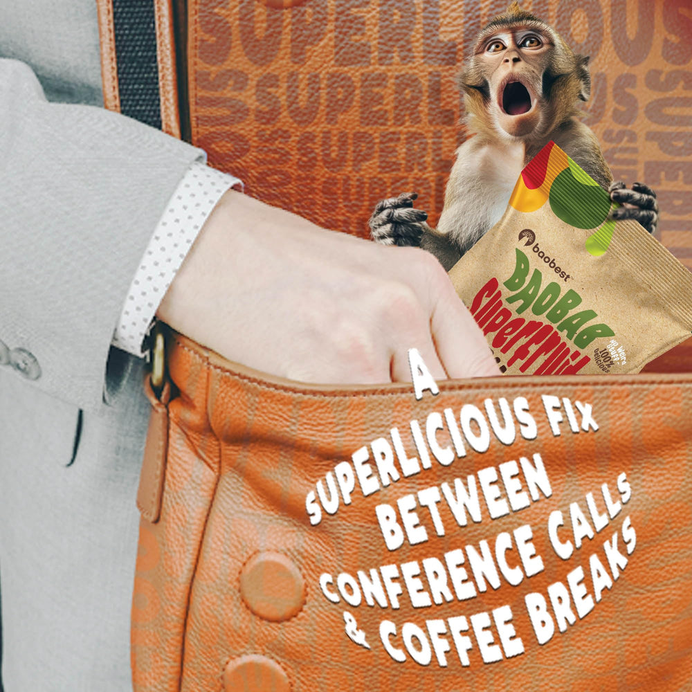 Baobest Superfruit Bites packaging eco-friendly design, sustainable snack choice.