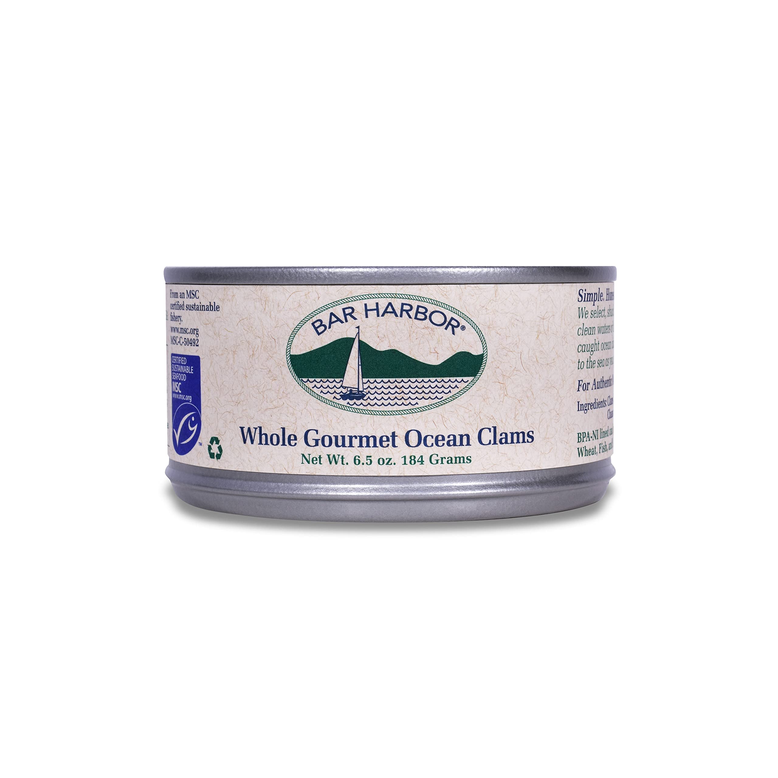 Bar Harbor whole clams in a 6.5-ounce can, ready for chowders and seafood sauces.