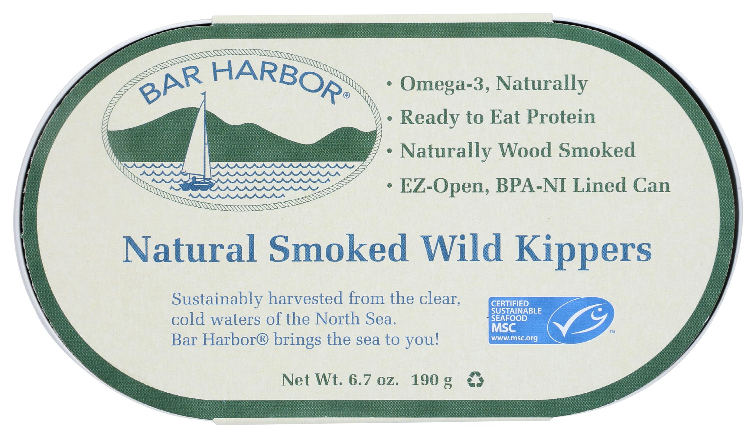 Bar Harbor natural smoked wild kippers, open can, ready to savor with minimal effort.