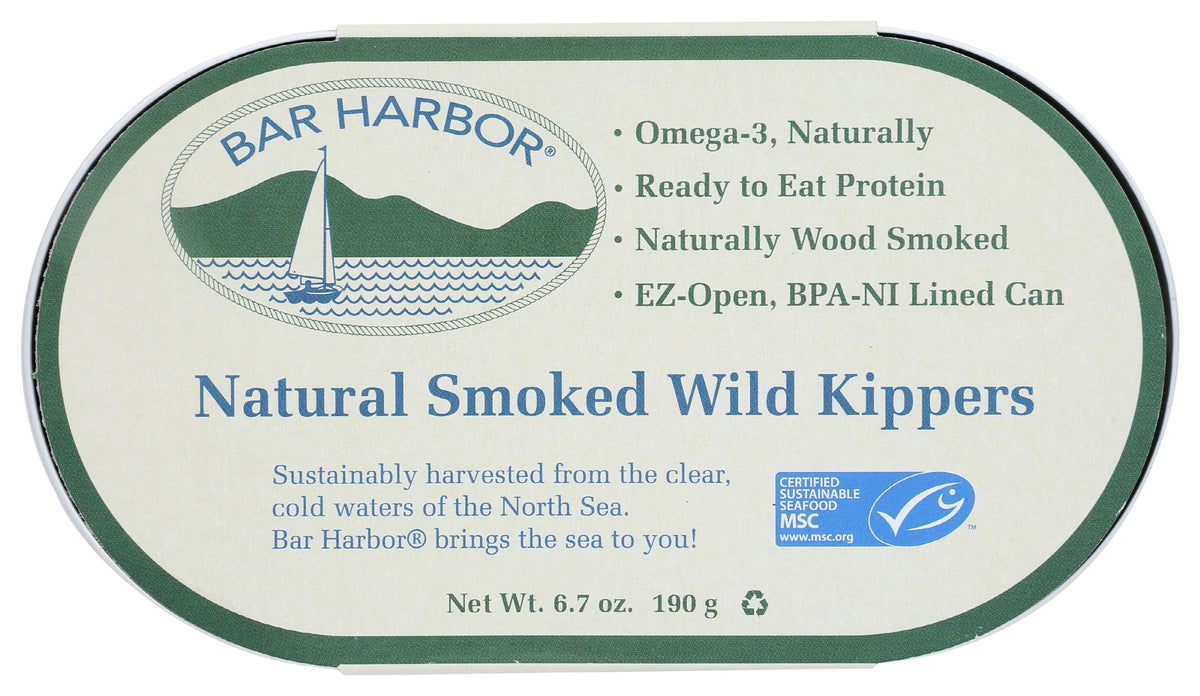 Bar Harbor natural smoked wild kippers, open can, ready to savor with minimal effort.