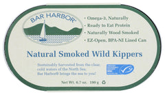 Bar Harbor natural smoked wild kippers, open can, ready to savor with minimal effort.