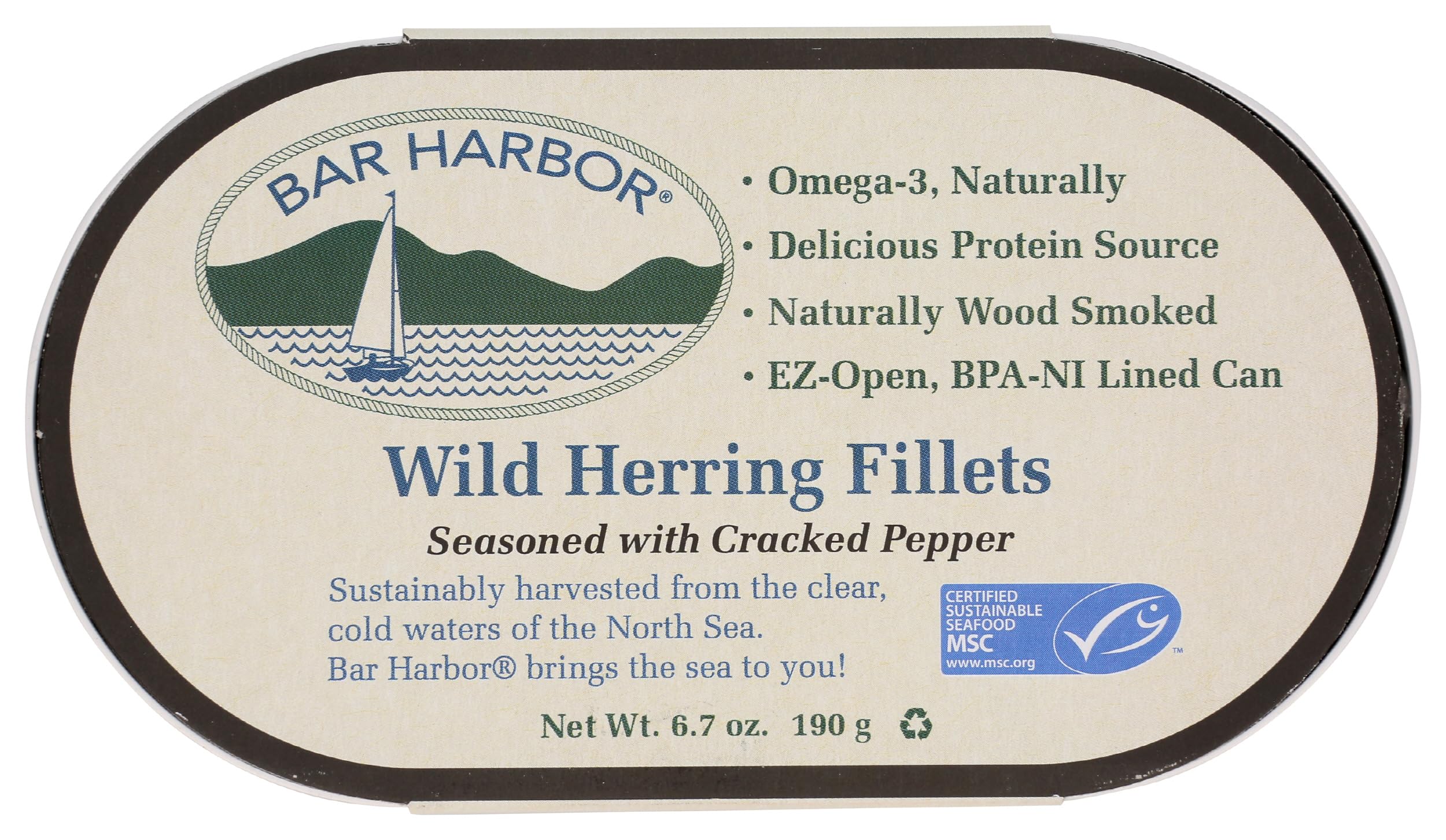 Bar Harbor wild herring with cracked pepper in a 6.7 oz can.