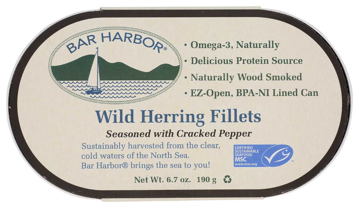 Bar Harbor wild herring with cracked pepper in a 6.7 oz can.