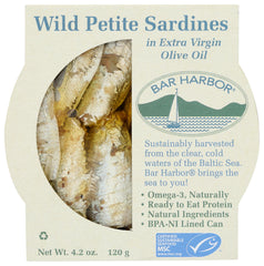 Bar Harbor wild petite sardines in oil can for a protein-packed meal.