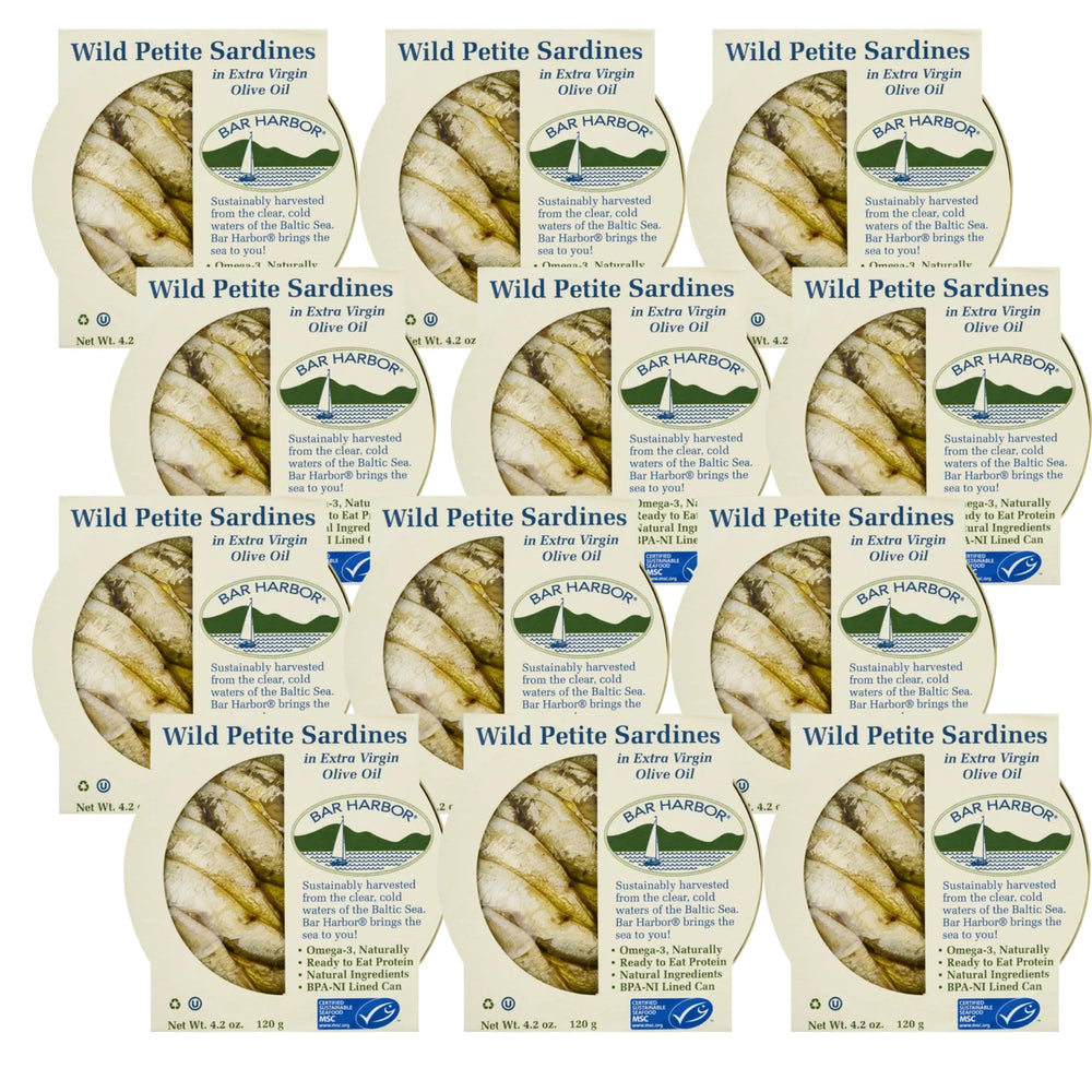 Bar Harbor wild petite sardines in olive oil can; tender texture and premium flavor.