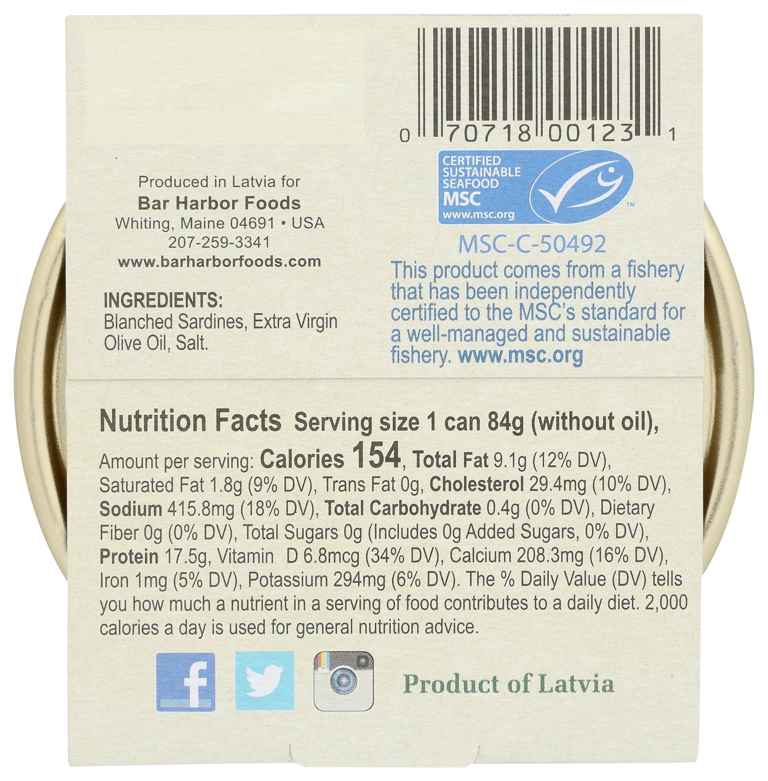 Bar Harbor wild petite sardines in olive oil pack; pantry-friendly protein source.