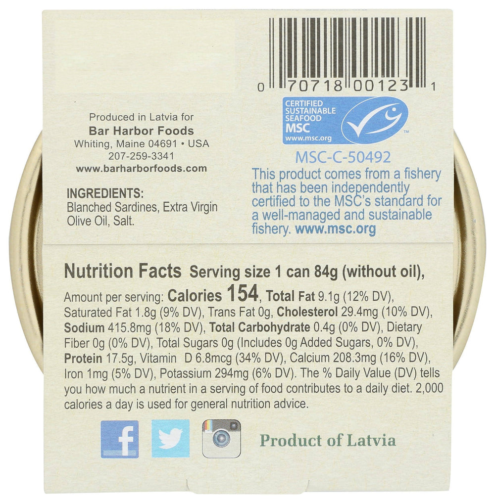 Bar Harbor wild petite sardines in olive oil pack; pantry-friendly protein source.