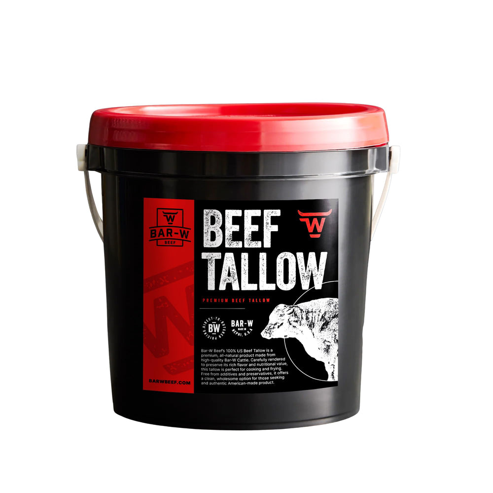 Bar-W Beef Tallow bottle pour demonstrates ready-to-use high-heat cooking versatility.