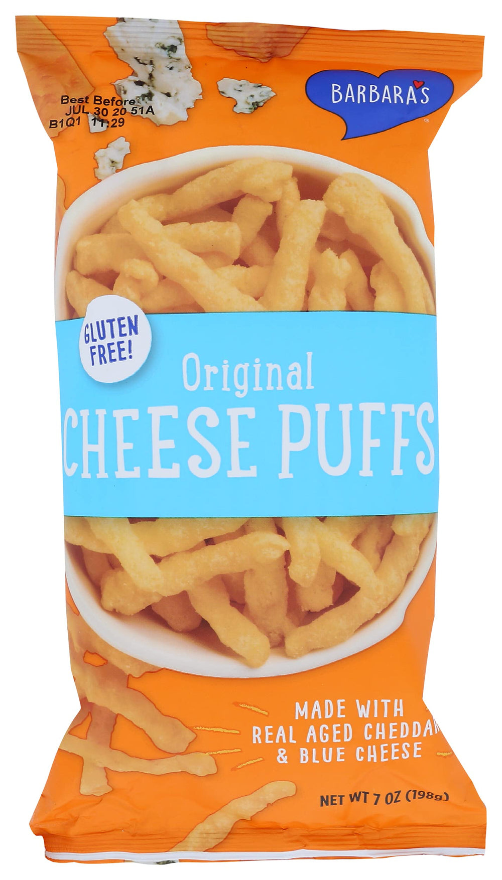 Barbara's Bakery Original Cheese Puffs bag on kitchen counter, crunchy snack option with no hydrogenated oil