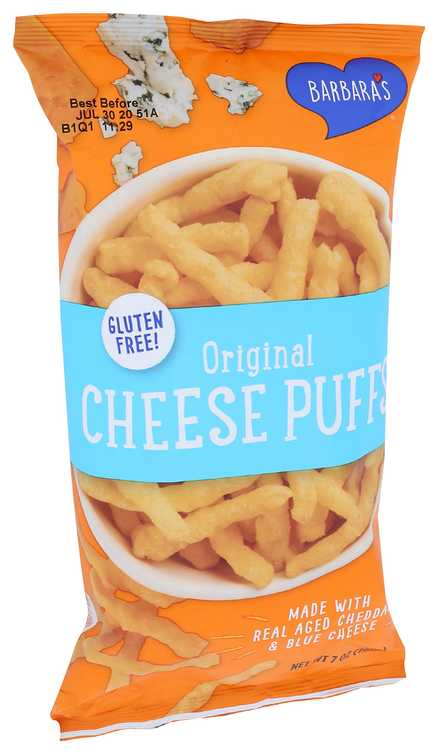 Barbara's Bakery Original Cheese Puffs paired with milk for dunking