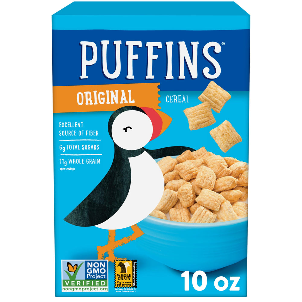 Barbara's Bakery Original Puffins cereal bowl with milk, kid-friendly breakfast