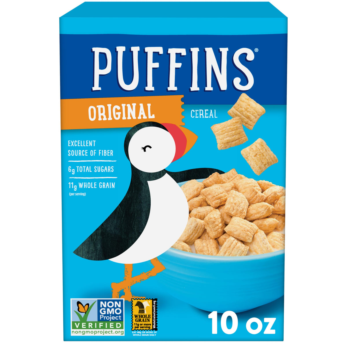Barbara's Bakery Original Puffins cereal bowl with milk, kid-friendly breakfast
