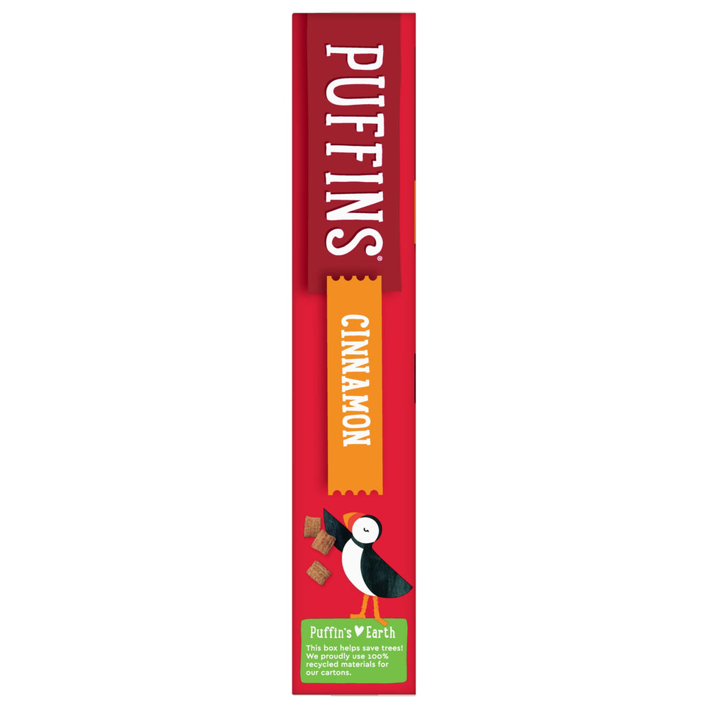 Non-GMO Project Verified seal on Puffins Cinnamon cereal box.